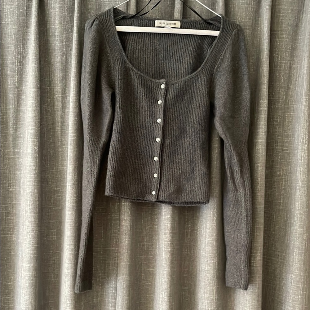 Gray Button-Up Ribbed Top